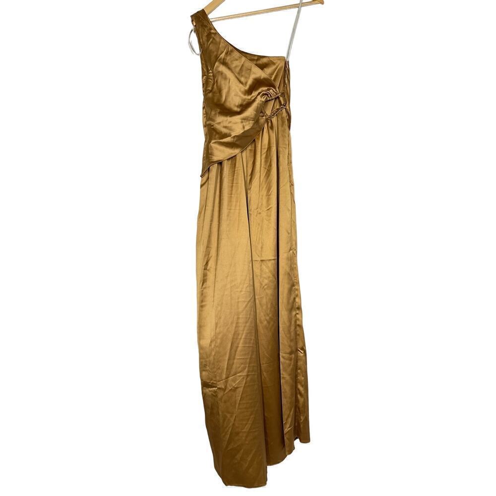 ASOS Jumpsuit Satin Drape One Shoulder Gold Hardware Camel Brown NWT 0
